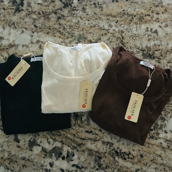 Tops - Women's Ribbed Long Sleeve Tops - Black, White, and Brown